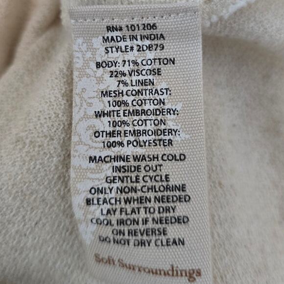 Soft Surroundings Linen Blend Tan Embroidered Flowers Women's Blouse S - Picture 6 of 6